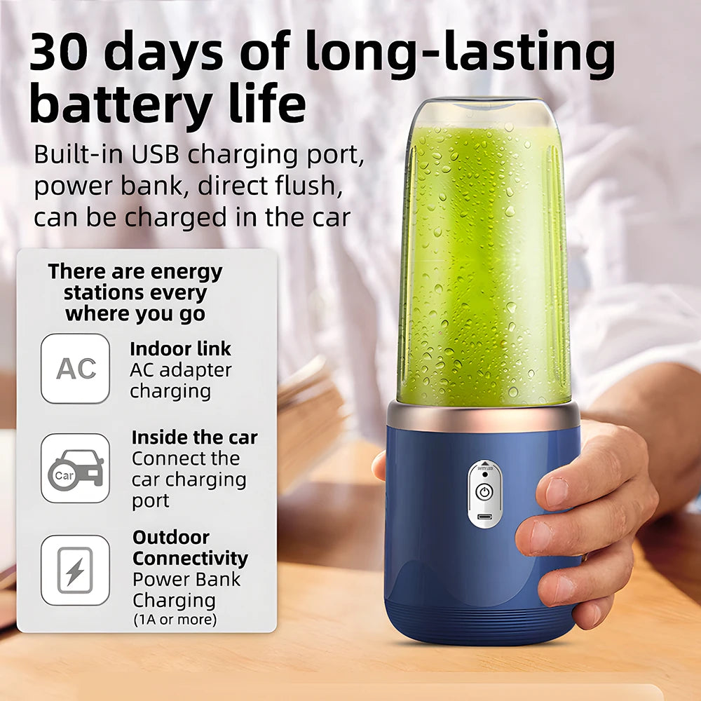 2-in-1 Portable Blender & Juicer – USB Rechargeable, 6 Blades, Dual Cups